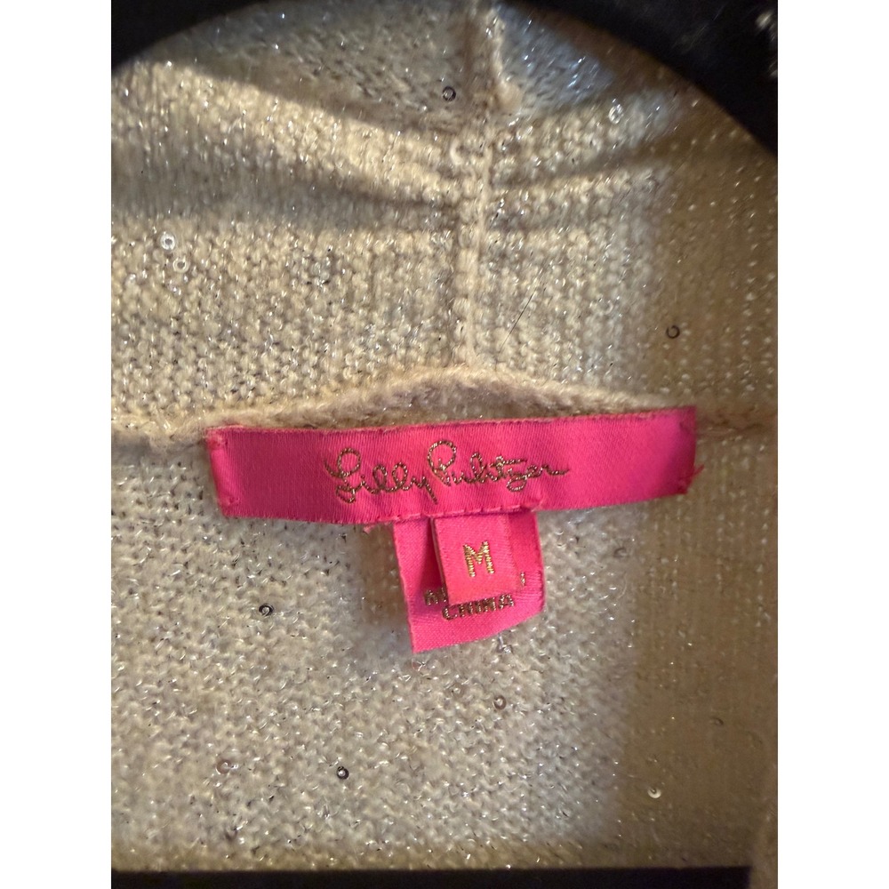 Lilly Pulitzer Sequin Fringe Open Front Cardigan Sweater Beige Oatmeal Medium - Picture 5 of 5